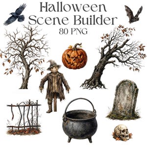 May include: A digital collection titled Halloween Scene Builder 80 PNG featuring illustrations of a crow, bat, two bare trees, a jack-o'-lantern, a scarecrow, a metal fence, a cauldron, a tombstone, and a human skull on a white background.