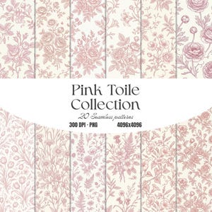 Könnte beinhalten: Eine Sammlung von 20 nahtlosen Mustern mit rosa floralen Designs auf cremefarbenem Hintergrund. Die Muster zeigen Rosen, Lilien und andere botanische Illustrationen. Der Text "Pink Toile Collection" ist zu sehen.