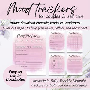 May include: A digital download featuring mood trackers for couples and self-care. The design includes daily, weekly, and monthly trackers with a pink watercolor background. The text reads "Mood Trackers" and "Easy to use in GoodNotes."