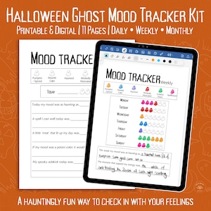 Könnte beinhalten: Ein Halloween-Geist-Stimmungs-Tracker-Kit, druckbar und digital, mit täglichen, wöchentlichen und monatlichen Seiten. Das Bild zeigt einen Stimmungs-Tracker auf Papier und einem Tablet mit Geister-Symbolen.