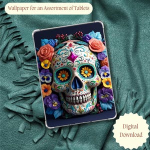 May include: A colorful sugar skull with floral accents, perfect for a Day of the Dead themed tablet wallpaper.