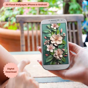 Sfondo floreale 3D per telefono / Arte botanica beige e verde / Download digitale per iPhone e Android / Eleganti fiori recisi di carta