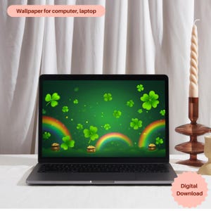 May include: A laptop computer displaying a green background with shamrocks, rainbows, and gold coins. The text "Digital Download" is in the lower right corner of the image.
