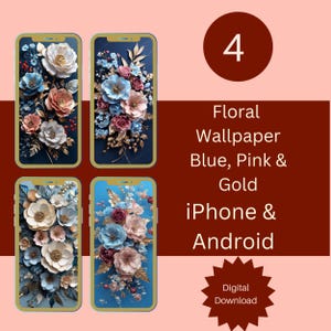 Blau, Rosa und Gold Blumen Handy Wallpaper – Papierblumen Kunst – Digitaler Hintergrund für iPhone & Android
