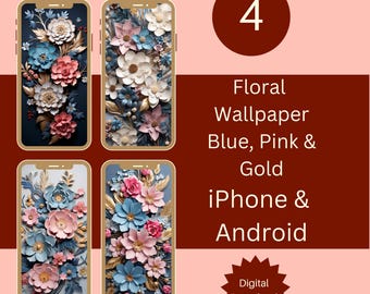 Floral Phone Wallpaper Set: Blue Pink Gold 3D Bouquet (Digital Download)