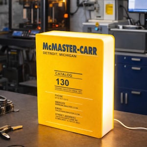May include: A yellow rectangular light shaped like a book, with the text "McMASTER-CARR DETROIT, MICHIGAN" and "CATALOG 130" printed on the front. The light is on a metal surface in a workshop setting.