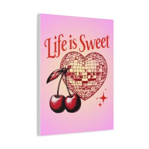 Canvas Wall Art, Retro Life is Sweet Cherries Heart Disco Ball, Vintage Decor, Home Decoration, Gift for Her, Digital file