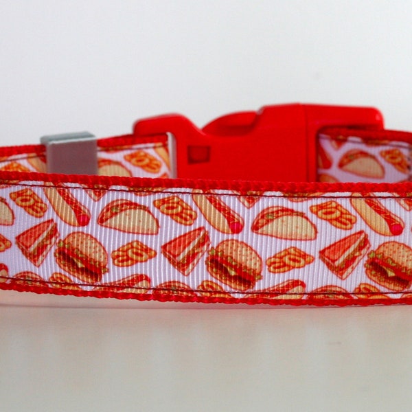 Fast Food Dog Collar or Matching Lead Leash Seat Belt 3/4" or 1" width Hot dog Taco Fries Burger