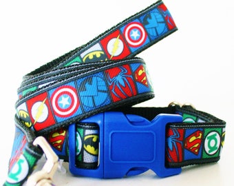 Superhero Avenger Dog Collar or Matching Lead Leash Seat Belt 3/4" or 1" width