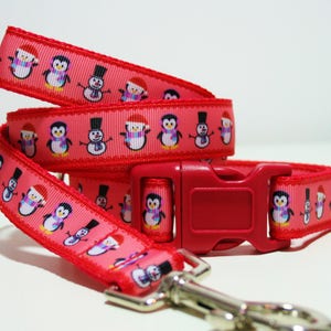 Penguin Snowman Winter Christmas Dog Collar or Matching Lead Leash Seat Belt 3/4&quot; or 1&quot; width