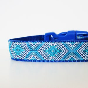 Blue Aztec Snowflake Jacquard Dog Collar or Matching Lead Leash Seat Belt 3/4" or 1" width