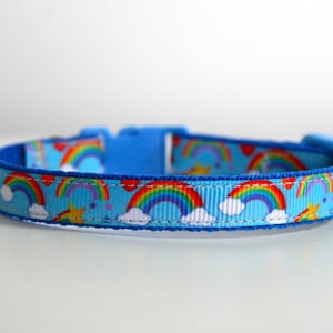 May include: A blue dog collar with a rainbow and star pattern.