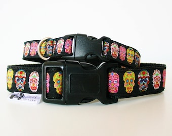 Black Skull Jacquard Dog Collar or Matching Lead Leash Seat Belt 3/4" or 1" width