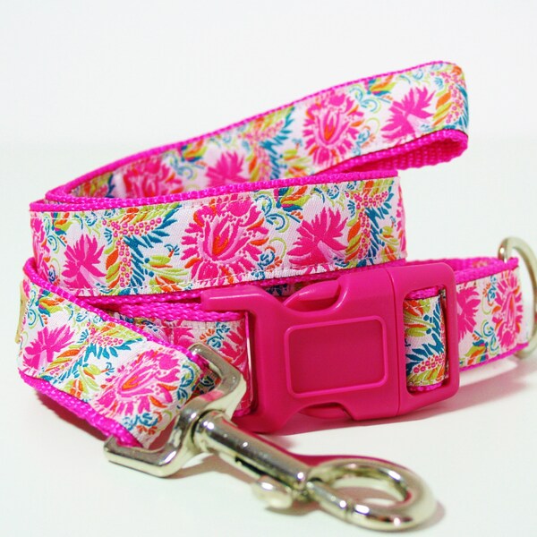 Pink Flowers Jacquard Dog Collar or Matching Lead Leash Seat Belt 3/4" or 1" width