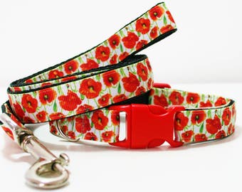 Poppy Flower 5/8" or 3/4" Small Dog Collar Puppy Collar or Matching Lead