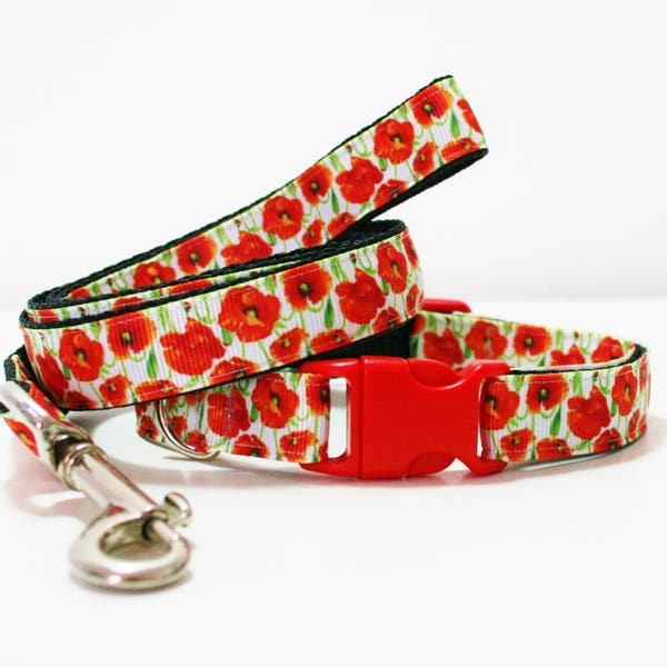 Poppy Flower 5/8" or 3/4" Small Dog Collar Puppy Collar or Matching Lead