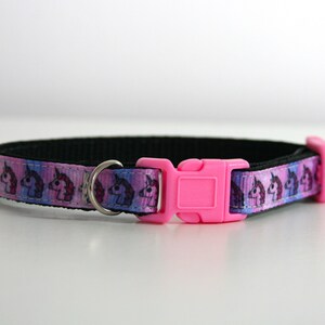 Pu&ograve; includere: Un collare per animali domestici con un motivo ripetuto di teste di unicorno rosa, viola e blu. Il collare ha una base nera, un anello a D in metallo argentato e una fibbia in plastica rosa brillante.