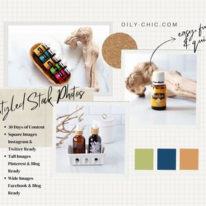 May include: A collage of styled stock photos featuring essential oil bottles in various arrangements. The photos are designed for social media and blog content, with different aspect ratios for Instagram, Pinterest, and Facebook. The text "Styled Stock Photos" is visible, along with a list of image types and their uses. The color palette includes green, blue, and orange.