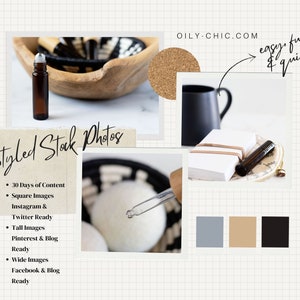 Könnte beinhalten: Eine Collage von Bildern, die stylische Stockfotos für soziale Medien und Blog-Inhalte zeigen. Die Bilder zeigen eine braune Holzschale mit einer Roll-on-Flasche ätherischen Öls, eine schwarze Tasse, einen Stapel weißer Notizblöcke mit einem braunen Lederband und einen weißen und schwarzen geflochtenen Korb mit weißen Wattebällen. Der Text "Styled Stock Photos" ist in schwarzer Kursivschrift auf beigefarbenem Hintergrund geschrieben. Der Text "OILY-CHIC.COM" ist in Schwarz auf weißem Hintergrund geschrieben. Der Text "easy fun & quick" ist in schwarzer Kursivschrift auf weißem Hintergrund geschrieben. Die Farbpalette umfasst Grau, Beige und Schwarz.