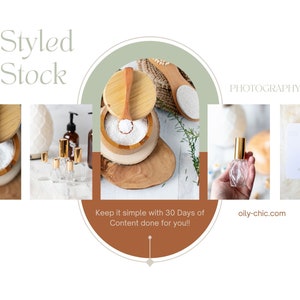 May include: A collection of essential oil bottles with gold caps, a wooden bowl filled with white bath salts, and a wooden spoon. The image has the text "Styled Stock" and "PHOTOGRAPHY" on it.