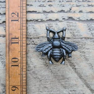 May include: A dark grey metal bee-shaped decorative object. The bee has detailed wings, body segments, and antennae. The object is on a wooden surface next to a wooden ruler with inch measurements.