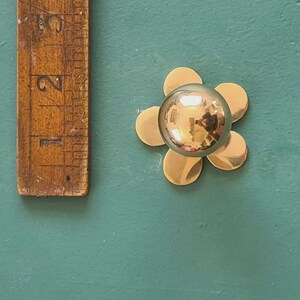 May include: A gold-toned metal flower-shaped cabinet knob with a smooth, reflective, spherical centre and five flat, rounded petals. A wooden ruler is positioned to the left, showing the knob measures approximately 3.8 cm in diameter.