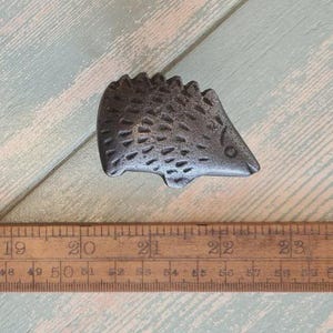 May include: A dark grey, cast iron hedgehog-shaped object with a textured surface featuring small, carved indentations representing quills. The object is positioned above a wooden ruler that shows a length of approximately 10 cm.