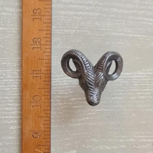 May include: A silver-toned ram head figurine. The ram's head is detailed with curved horns and textured fur. A wooden ruler with inch markings is in the background.