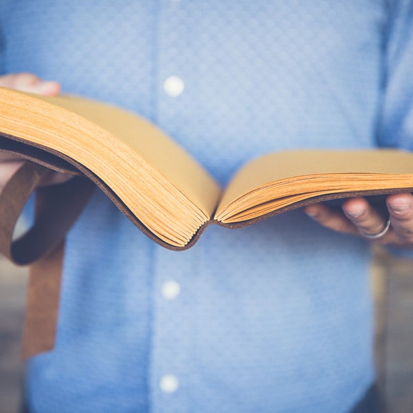 Handbound leather journal with yellow pages and stitching (READY TO SHIP)