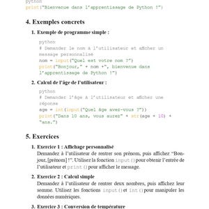 May include: A white page with French text about Python programming. The text includes examples of code using the print() function, and exercises for the user to practice. The page is from a textbook.