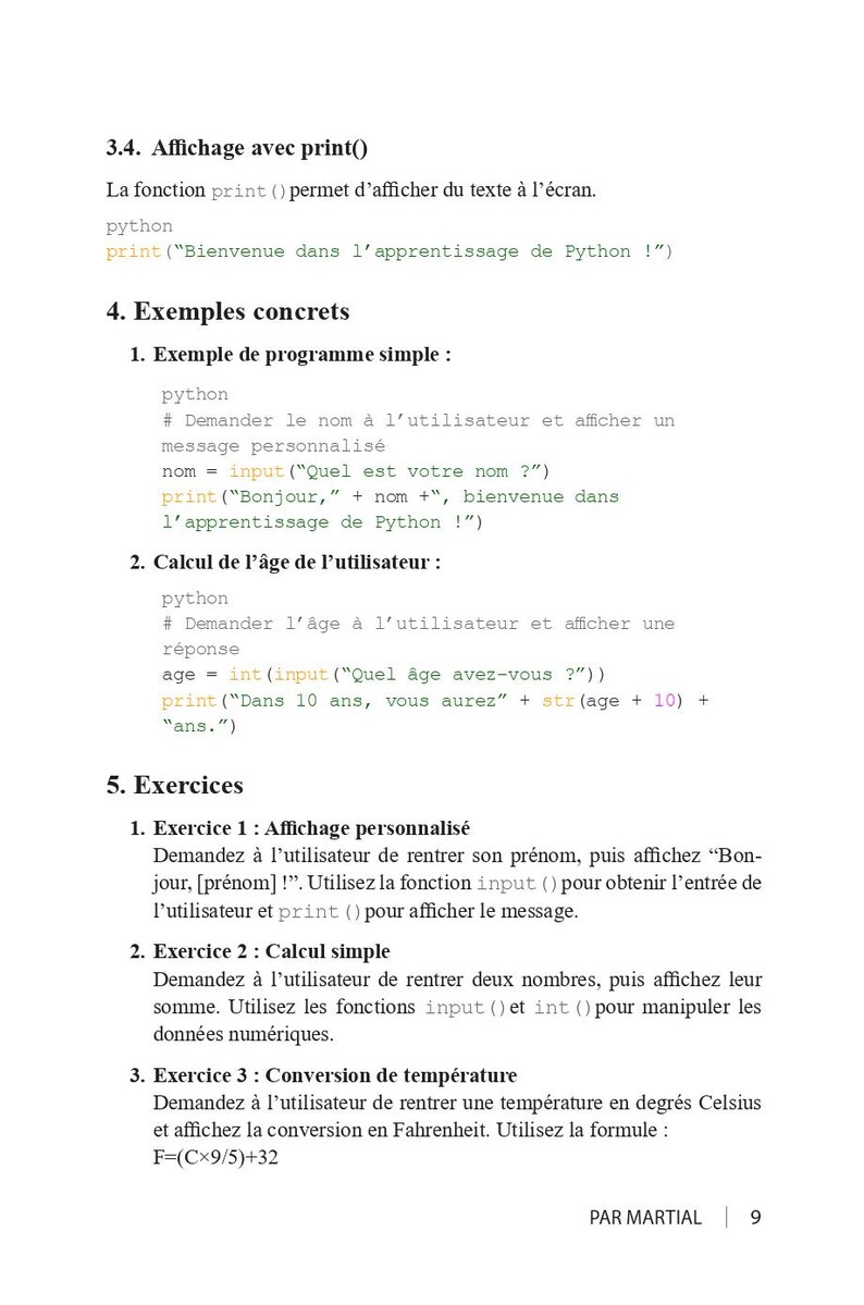 May include: A white page with French text about Python programming. The text includes examples of code using the print() function, and exercises for the user to practice. The page is from a textbook.