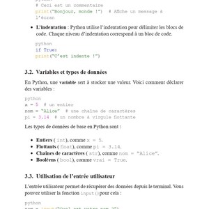 May include: A page from a French textbook on Python programming. The text includes explanations of comments, indentation, variables, data types, and user input, with code examples. The page is white with black text.