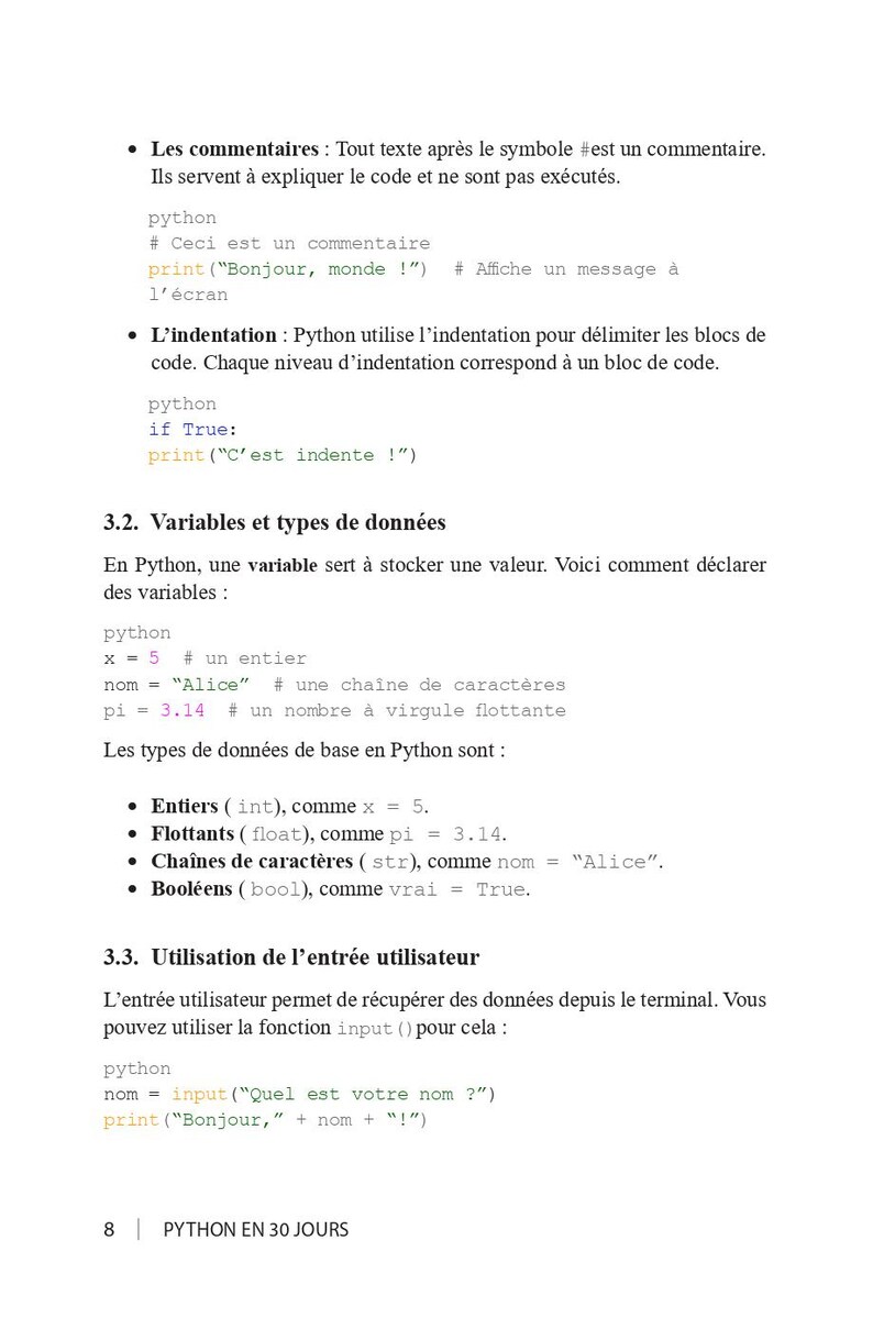 May include: A page from a French textbook on Python programming. The text includes explanations of comments, indentation, variables, data types, and user input, with code examples. The page is white with black text.