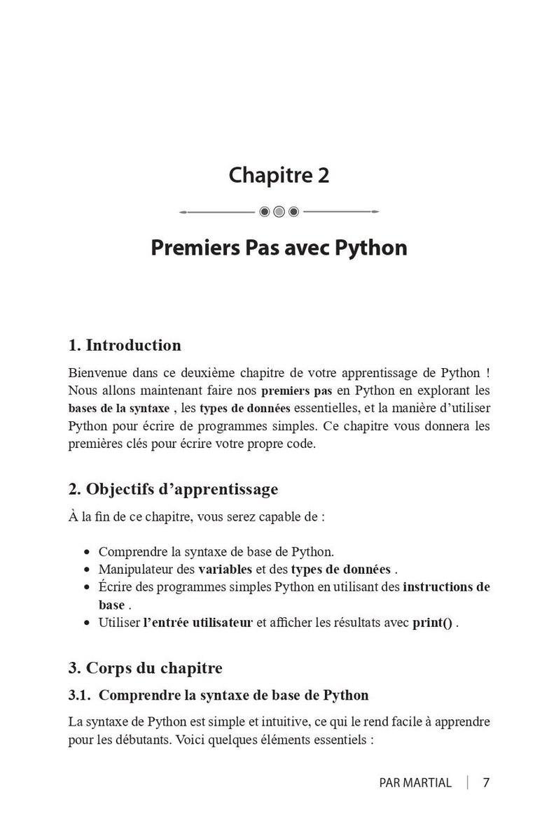 May include: A page from a French textbook titled "Chapitre 2 Premiers Pas avec Python." The text is black on a white background and discusses Python programming basics, including syntax and data types.