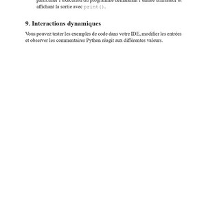 May include: A white page with French text, including the headings "8. Visuels et captures d'&eacute;cran" and "9. Interactions dynamiques." The text describes Python code execution and user input. The page also includes the author's name and page number.