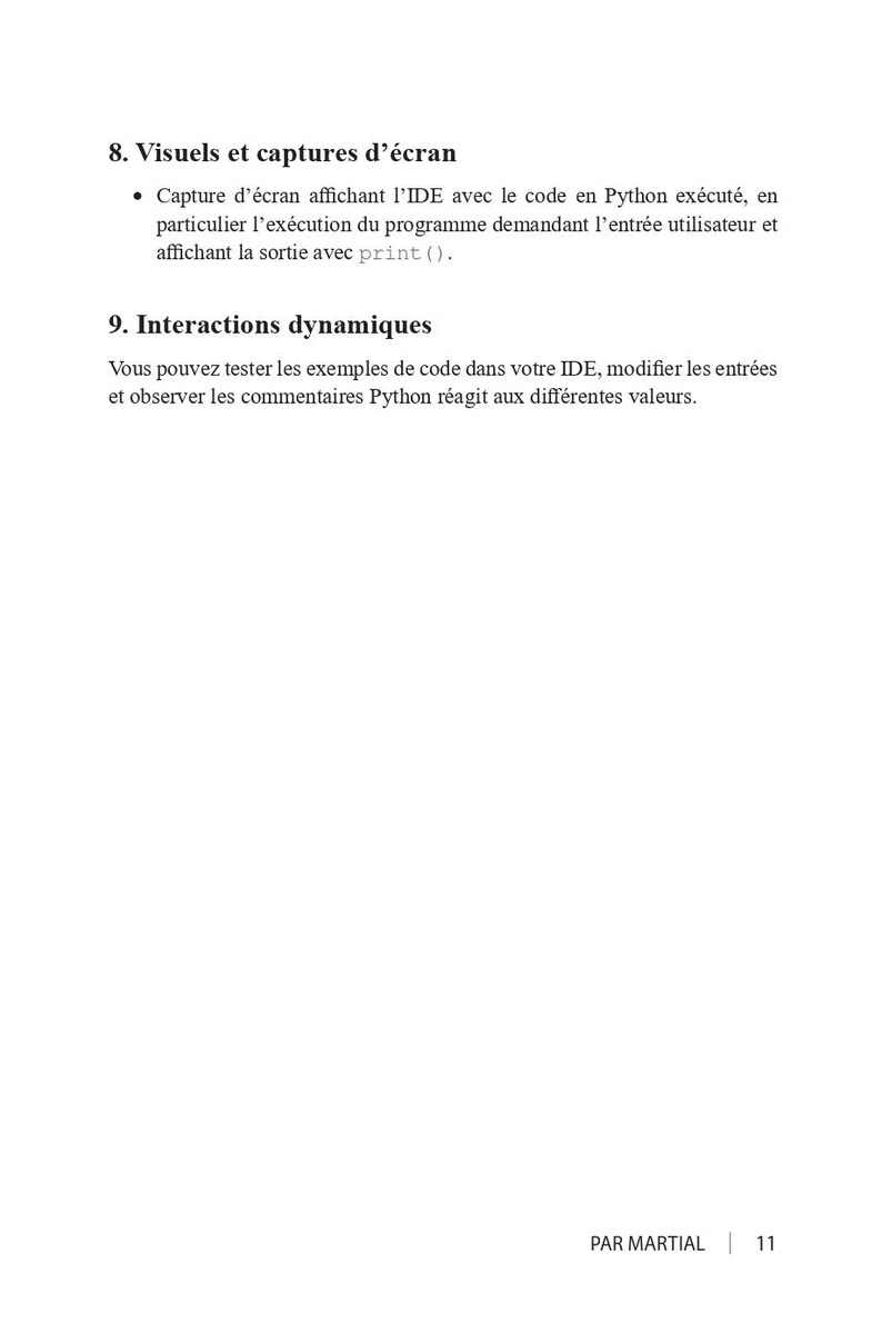 May include: A white page with French text, including the headings "8. Visuels et captures d'&eacute;cran" and "9. Interactions dynamiques." The text describes Python code execution and user input. The page also includes the author's name and page number.