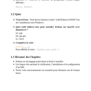 May include: A page from a book titled "PYTHON EN 30 JOURS" with French text. The page includes exercises, quizzes, and a chapter summary about Python programming, with code examples and instructions.