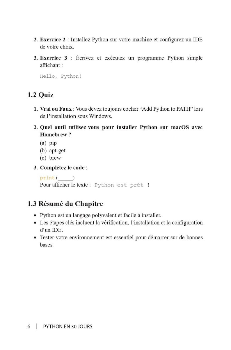 May include: A page from a book titled "PYTHON EN 30 JOURS" with French text. The page includes exercises, quizzes, and a chapter summary about Python programming, with code examples and instructions.