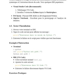 May include: A page of text in French, detailing how to configure an IDE for coding. Includes instructions for Visual Studio Code, PyCharm, and Jupyter Notebook. The text also includes example interactions and practical exercises.