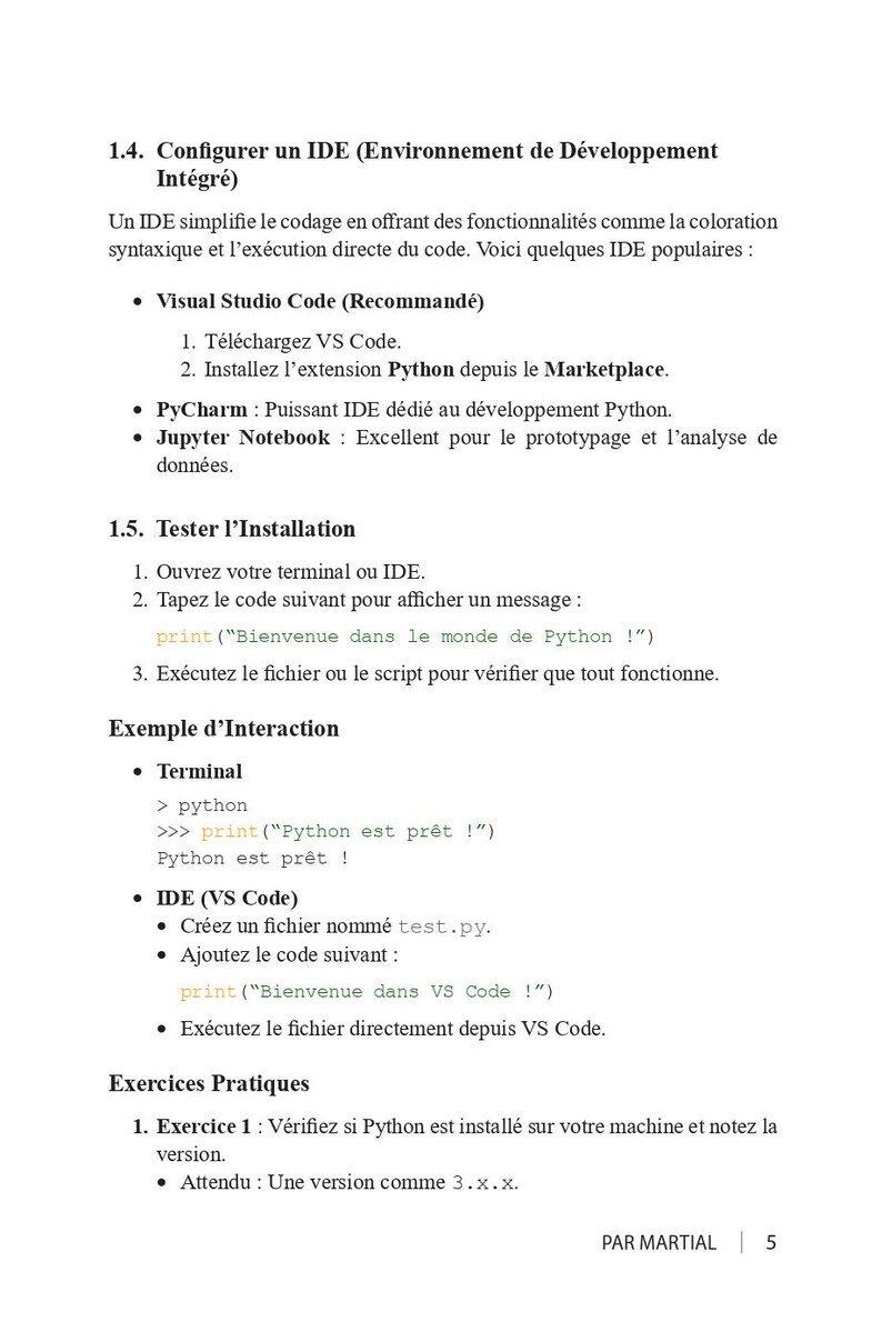 May include: A page of text in French, detailing how to configure an IDE for coding. Includes instructions for Visual Studio Code, PyCharm, and Jupyter Notebook. The text also includes example interactions and practical exercises.