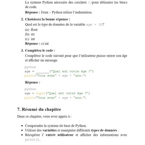 May include: A white page with French text about Python programming. The text includes quiz questions, code examples, and explanations of Python syntax and data types. The page is from a book titled "PYTHON EN 30 JOURS".