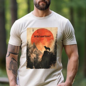 T-shirt unisexe loup et nature sauvage, t-shirt sur le thème de la nature sauvage, t-shirt pour les amateurs de nature et d&#39;aventure, t-shirt au design rétro