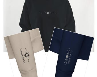 Embroidered Sun and Moon Sweatshirt, Celestial Sweatshirt, Sweatshirt with Sleeves Embroidery, Gift for Her