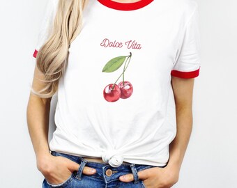 Dolce Vita Ringer Vintage T-Shirt, Sweet Cherry Shirt, Gift For Her