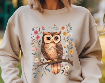Floral Owl Sweatshirt, Cottagecore Shirt, Vintage Owl Pullover
