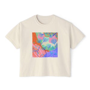 Colorful Floral Women&#39;s Boxy Tee, Summer Aesthetic Top, Relaxed Fit T-shirt, Floral Graphic Shirt, Gift for Her