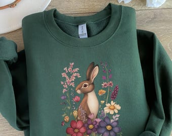 Rabbit Sweatshirt with Floral Design, Cottagecore Shirt, Vintage Bunny Sweater, Easter Pullover with Hare