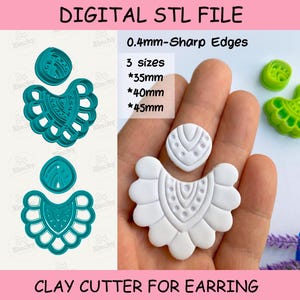May include: A digital STL file for a clay cutter for earrings. The image shows a teal-coloured cutter and a white clay earring. The text indicates 3 sizes: 35mm, 40mm, and 45mm. The cutter has 0.4mm sharp edges.