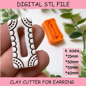 May include: A white rectangular clay cutter with a central cutout and dark brown decorative scalloped and dotted patterns. The text DIGITAL STL FILE and CLAY CUTTER FOR EARRING are present, along with 4 sizes: 25mm, 30mm, 35mm, and 40mm.