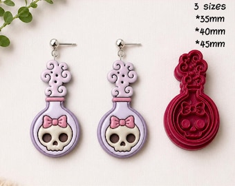 May include: A digital STL file for a clay cutter shaped like a potion bottle with a skull and bow design. The set includes two finished earrings and one red plastic cutter. Text indicates 3 sizes: 35mm, 40mm, and 45mm for the clay cutter.